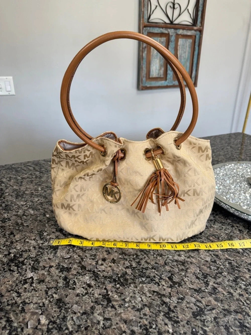 Michael Kors Beige MK Monogram Round handle Tote EUC
